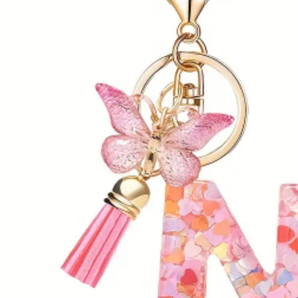 NEW! Resin Letter "N" Initial Keychain Purse Charm w/Butterfly & Tassel Alphabet - Picture 2 of 4